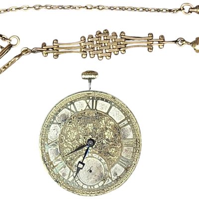 Sale Photo Thumbnail #110: Illinois Watch Company A. Lincoln 19 Jewel Pocket Watch Movement and Gold Tone Slide Fob Chain