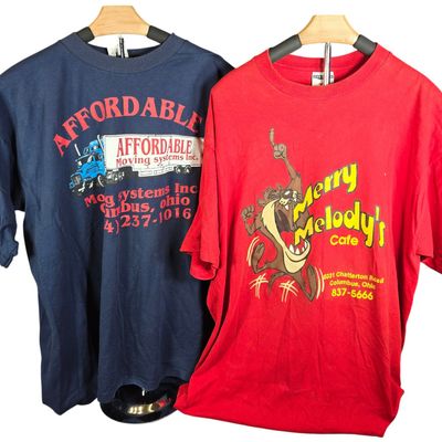 Sale Photo Thumbnail #20: Two 1990s Cotton Blend Graphic T-Shirts Featuring Columbus Ohio Businesses