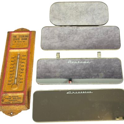 Sale Photo Thumbnail #486: Five Vintage General Motors Sun Visor Vanity Mirrors and an Advertising Wall Thermometer