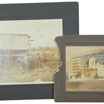 Sale Photo Thumbnail #770: Two Antique Cabinet Card Photographs of Lumbermen and a Patriotic Lodge Display