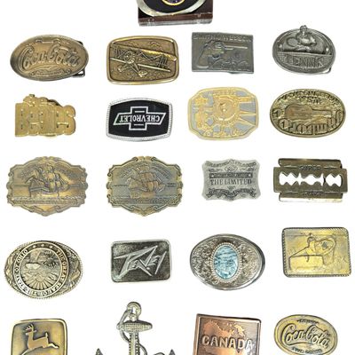 Sale Photo Thumbnail #580: Twenty Vintage Advertising and Commemorative Mixed Metal Belt Buckles