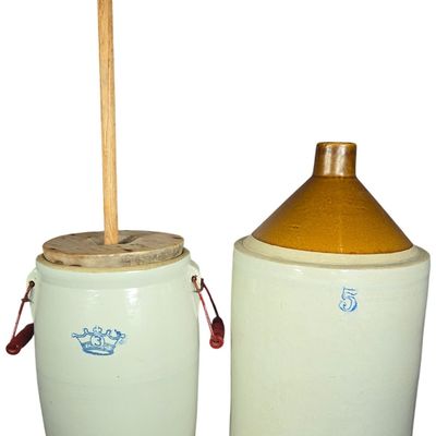 Sale Photo Thumbnail #585: Two Antique Salt Glazed Stoneware Vessels including a Five Gallon Jug and a Three Gallon Churn