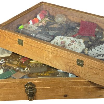 Sale Photo Thumbnail #305: An Assortment of Vintage Memorabilia, Ephemera, and Accessories in Two Wooden Display Cases