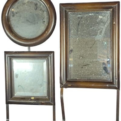 Sale Photo Thumbnail #125: Three Wall Hanging Geometric Mirrors with Metal Faux Wood Frames