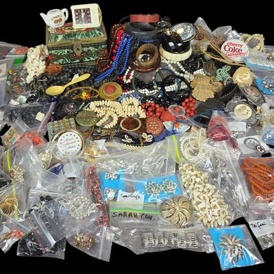 Sale Photo Thumbnail #102: Large Assortment of Vintage Designer and Novelty Costume Jewelry with Blue Bird Confectionery Tin