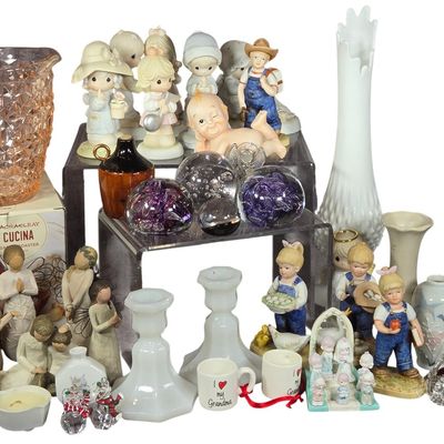 Sale Photo Thumbnail #568: Enesco Precious Moments, Willow Tree, and Homco Porcelain Figurines with Art Glass and Stoneware