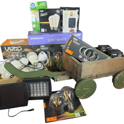 Sale Photo Thumbnail #854: An Assortment of Vizio, Sprint, and Feit Electric Consumer Electronics and LED Lighting with a Decorative Wooden Wagon