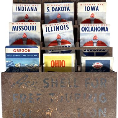 Sale Photo Thumbnail #674: Vintage Shell Free Touring Helps Metal Map Display Rack with an Assortment of Mid-Century Road Maps