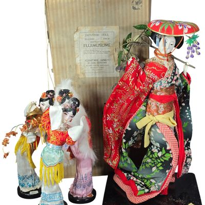 Sale Photo Thumbnail #414: A Japanese Yoshitake Ningyo Fujimusume Doll and a Collection of East Asian Costume Dolls