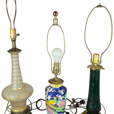 Sale Photo Thumbnail #297: A Trio of Vintage Decorative Table Lamps Featuring Enameled Porcelain Faceted Glass and Frosted Glass with Marble