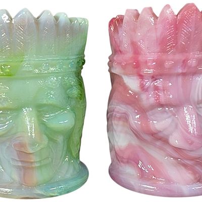 Sale Photo Thumbnail #439: A Pair of Mosser Glass Slag Glass Indian Head Toothpick Holders