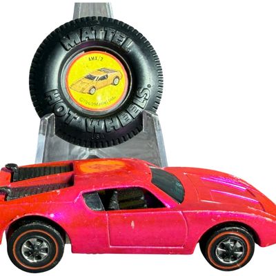 Sale Photo Thumbnail #251: Mattel Hot Wheels Redline AMX/2 Die-Cast Car in Spectraflame Pink with Collector Button