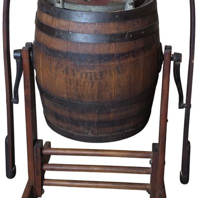 Sale Photo Thumbnail #355: Sturges and Burn Favorite Oak Barrel Butter Churn on Stand
