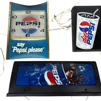 Sale Photo Thumbnail #676: Three Pepsi Lighted Advertising Displays Including a Price Brothers Wall Clock