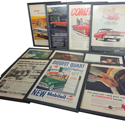 Sale Photo Thumbnail #625: Ten Mid-Century Framed Paper Automotive Advertisements