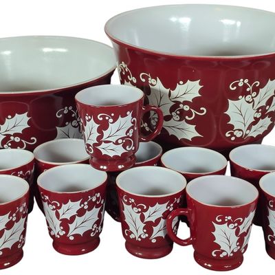 Sale Photo Thumbnail #633: A Set of Hazel-Atlas Red Holly Pattern Milk Glass Bowls and Mugs