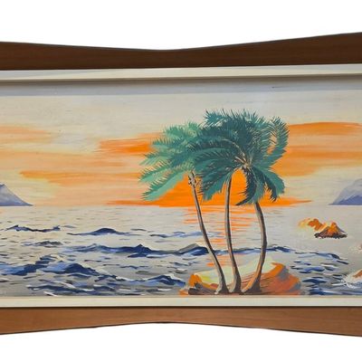 Sale Photo Thumbnail #179: Güines Signed Mid-Century Modern Boomerang Framed Tropical Landscape Painting