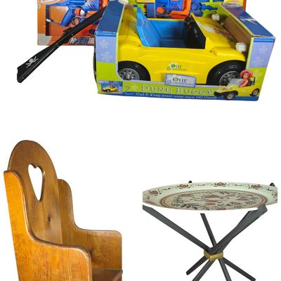 Sale Photo Thumbnail #820: An Assortment of Toys and Vintage Home Furnishings including Nerf Blaster Set, Our Generation Dune Buggy, and a Pine Rocking Chair