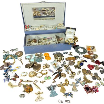 Sale Photo Thumbnail #178: An Assortment of Vintage and Modern Costume Jewelry with Blue Faux Leather Jewelry Box
