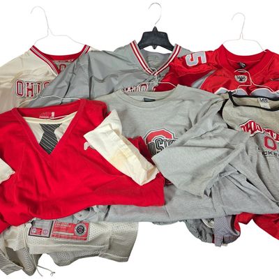 Sale Photo Thumbnail #337: A Collection of Six Ohio State Buckeyes Collegiate Apparel Items Including Football Jerseys and Pullover T-shirts