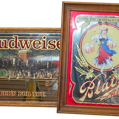 Sale Photo Thumbnail #417: Two Vintage Brewery Advertising Mirror Signs, Budweiser and Blatz