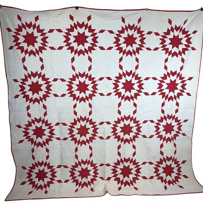 Sale Photo Thumbnail #206: Large Red and White Handmade Cotton Feathered Star Pattern Quilt