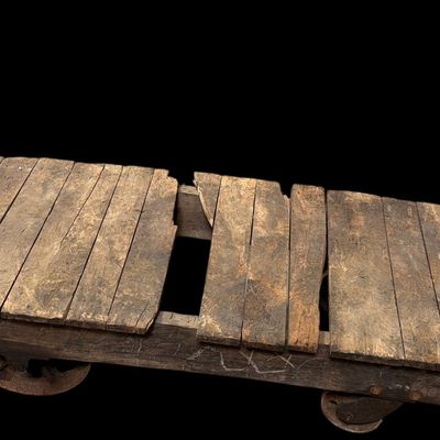 Sale Photo Thumbnail #870: Antique Nutting Wooden Industrial Warehouse Cart with Cast Iron Wheels