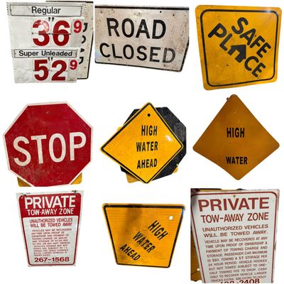 Sale Photo Thumbnail #827: A Collection of Nine Assorted Vintage and Contemporary Metal Traffic and Commercial Signs