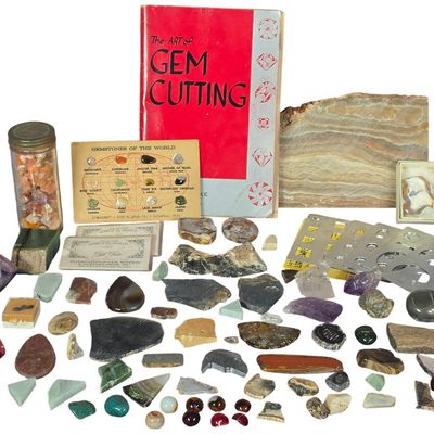 Sale Photo Thumbnail #423: An Assortment of Lapidary Tools, Reference Materials, and Mineral Specimens with a Municipal Health Badge