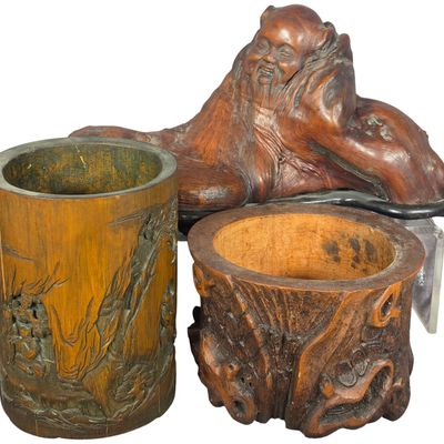 Sale Photo Thumbnail #406: Three Chinese Scholar Objects Including a Carved Bamboo Bitong and Rootwood Carvings