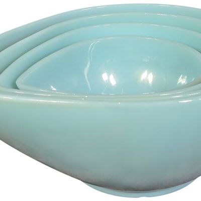 Sale Photo Thumbnail #47: A Set of Four Fire-King Turquoise Blue Milk Glass Nesting Mixing Bowls