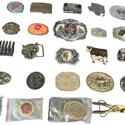 Sale Photo Thumbnail #579: Twenty-Four Assorted Vintage Bergamot Brass Works and W.M. Needles Metal Belt Buckles