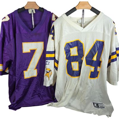 Sale Photo Thumbnail #15: Two Vintage Starter Minnesota Vikings Randy Moss and Randall Cunningham NFL Jerseys