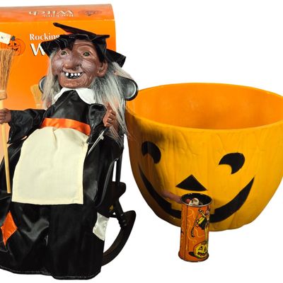 Sale Photo Thumbnail #556: Three Halloween Items Including a Kirchhof Noisemaker and a Boxed Rocking Witch