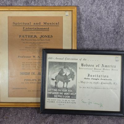 Sale Photo Thumbnail #456: Two Framed Early 20th Century American Ephemera Items Including a 1936 Hoboes of America Invitation Signed by One-Eye Connelly and a 1920 Spiritualist Program