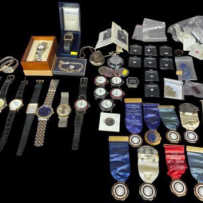 Sale Photo Thumbnail #80: A Collection of Wristwatches, Pocket Watches, Commemorative Union Medals, and Loose Gemstones