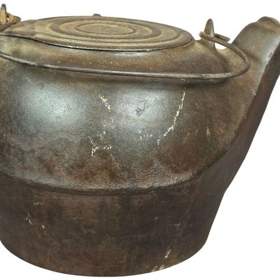 Sale Photo Thumbnail #476: Antique Cast Iron Tea Kettle with Wire Bail Handle