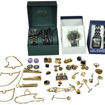 Sale Photo Thumbnail #241: A Collection of Men's Fashion Watches and Accessories Including Folio, Geneva, and George Brand Items