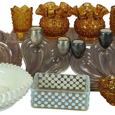 Sale Photo Thumbnail #441: An Assortment of Fenton and Decorative Glassware Including Amber Hobnail and Silver Overlay Pieces