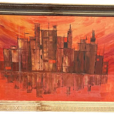 Sale Photo Thumbnail #273: Mid-Century Modern Abstract Cityscape Oil on Canvas