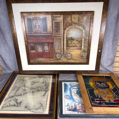 Sale Photo Thumbnail #682: A Collection of Four Decorative Artworks Including Eugene Tava 'Elysian Café' (Signed), Two Historical Style Maps, and a Stained Glass Panel