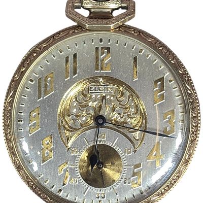 Sale Photo Thumbnail #234: Elgin 15 Jewel Open Face Pocket Watch with Art Deco Two Tone Dial