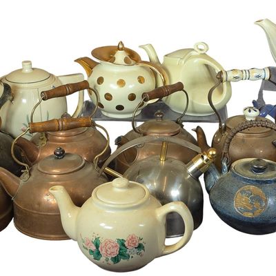 Sale Photo Thumbnail #836: An Assortment of 14 Ceramic and Metal Teapots and Kettles