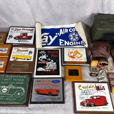 Sale Photo Thumbnail #666: An Assortment of Automotive Event Awards, Vintage Globe Boxing Gloves, and a New-Way Engine Advertising Banner