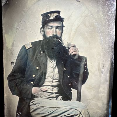 Sale Photo Thumbnail #756: 1/4 Plate Civil War Union Army Soldier Tintype with Kepi and Pipe
