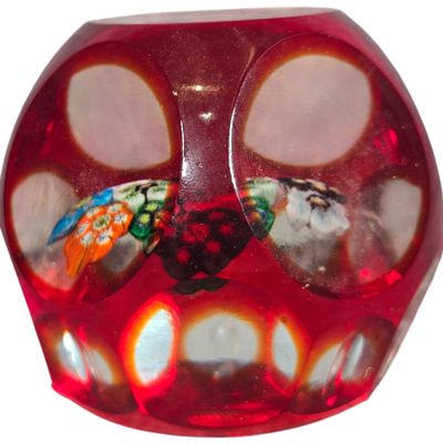 Sale Photo Thumbnail #472: Vintage Murano Red Faceted Millefiori Art Glass Paperweight