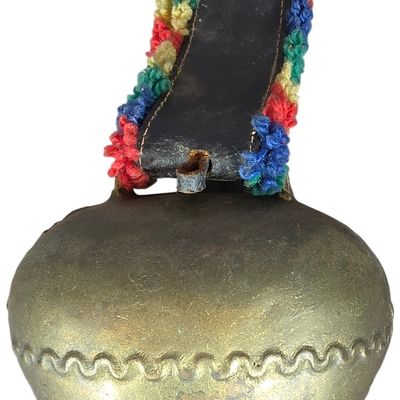 Sale Photo Thumbnail #123: Large Hand Hammered Alpine Cowbell with Fringed Leather Collar