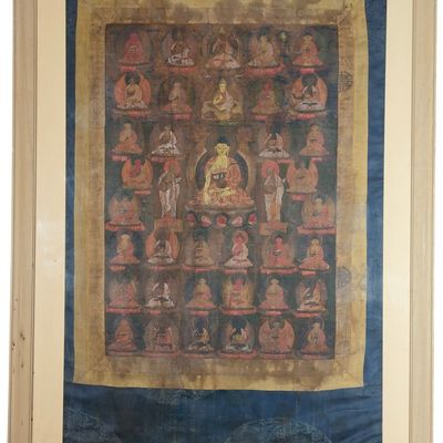 Sale Photo Thumbnail #291: Tibetan Thangka Painting Depicting Shakyamuni Buddha and Assembly of Lineage Masters