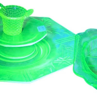 Sale Photo Thumbnail #436: A Set of Four Green Uranium Glass Serving and Decorative Pieces