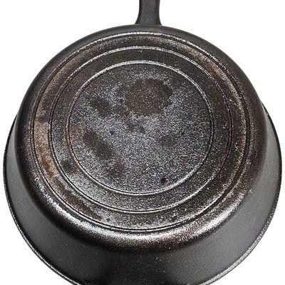 Sale Photo Thumbnail #547: Unmarked Deep Cast Iron Skillet with Helper Handle and Three-Ring Base
